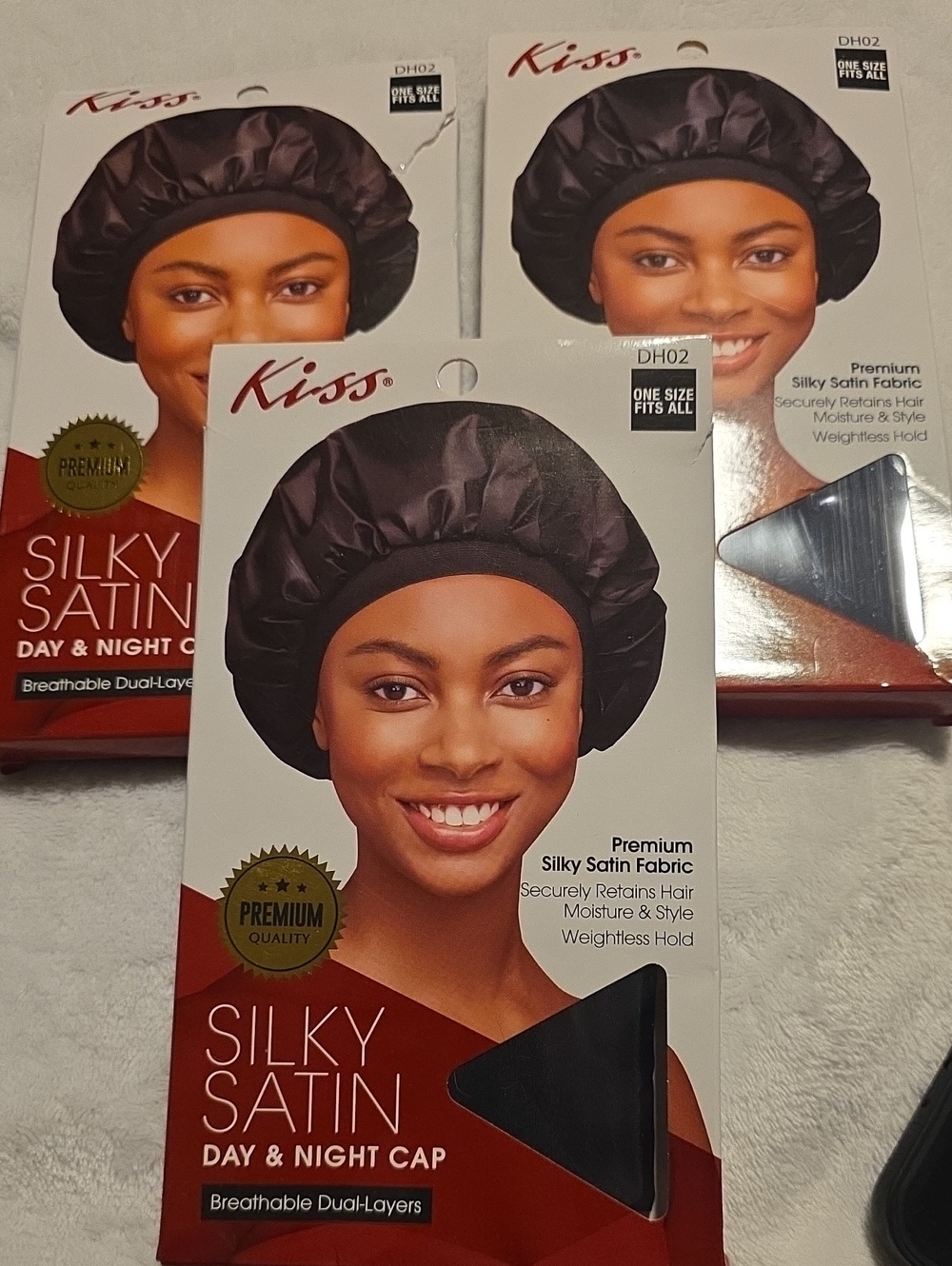 NEW Kiss Colors & Care Silky Satin Day & Night Bonnet Caps - 3 Pack Bundle Black